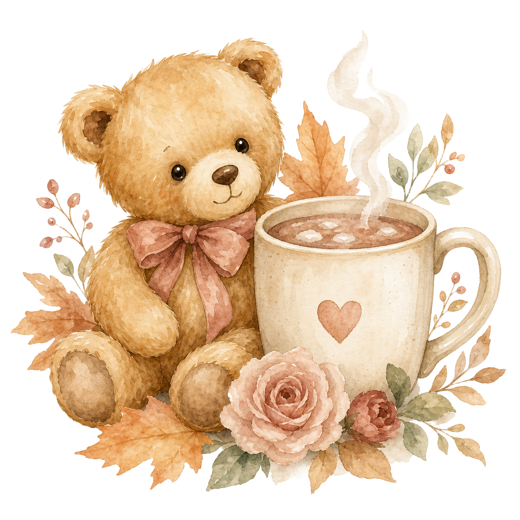 Watercolor teddy bear with a warm drink for the Baby Ewing is Brewing shower